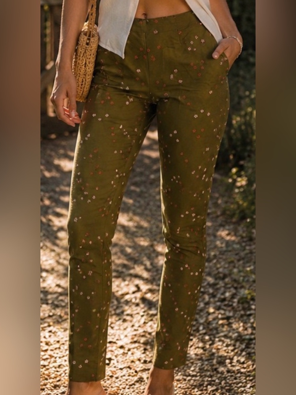 Vintage Ann Taylor Olive Green Floral Embroidered Silk Trousers Size 4